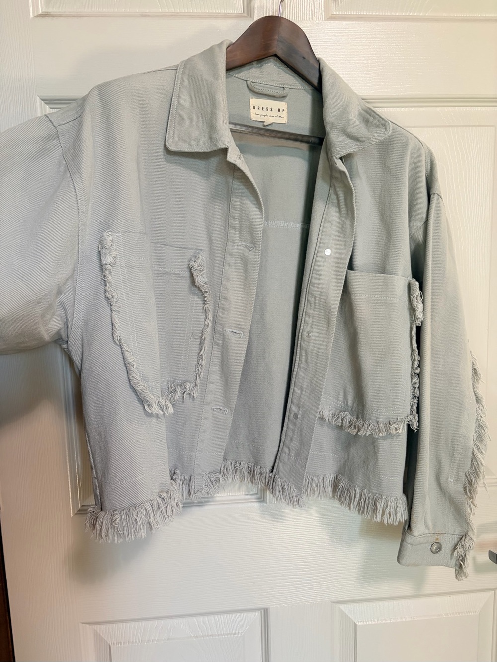 Boxy oversized cropped gray denim jacket with fringe buttons Boho southwestern - Picture 2 of 9